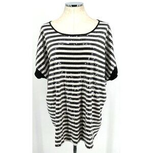 Lane Bryant Sequin Top Sz 26/28 Black White Short Sleeve Zip Back Cotton Blend